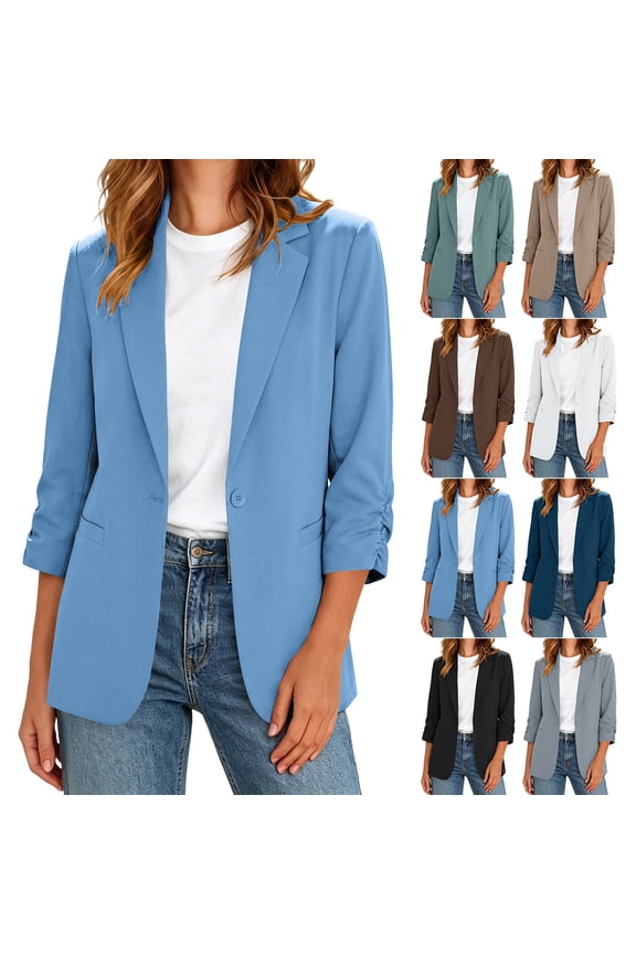 Women's Ruched 3/4 Sleeve One Button Blazer, Casual Work Office Solid Coat For Women, Ladies' Open Front Lightweight Suit Jacket with Pockets,Beige,S-3XL