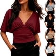 thumbnail image 1 of VBVC Women's Ruched V-Neck Batwing Sleeve Crop Tops , Ladies' Front Gathered Blouses , Casual Fitted Cropped Shirts For Women,Khaki,S-3XL, 1 of 6