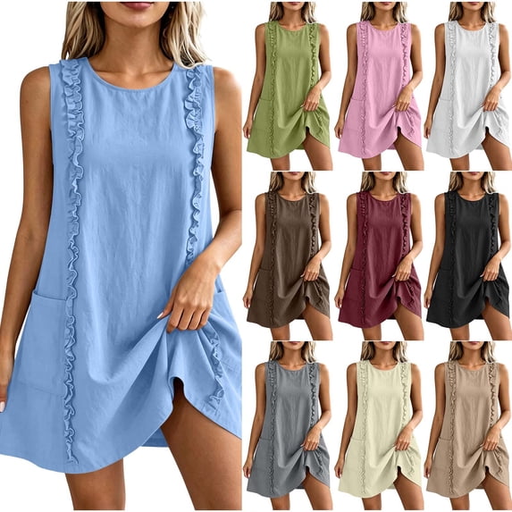 VBVC Women's Ruffle Trim Sleeveless Tunic Dress,Crew Neck Shift Mini Dress For Women,Ladies Lightweight Summer Breathable Dress with Pockets,Pink,S-2XL