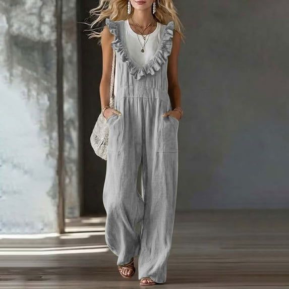 VBVC Women's Ruffle Trim Wide Leg Overalls , Summer Casual Loose Linen Jumpsuit For Women , Ladies' Sleeveless Pinafore Romper with Pockets, Gray , S-2XL