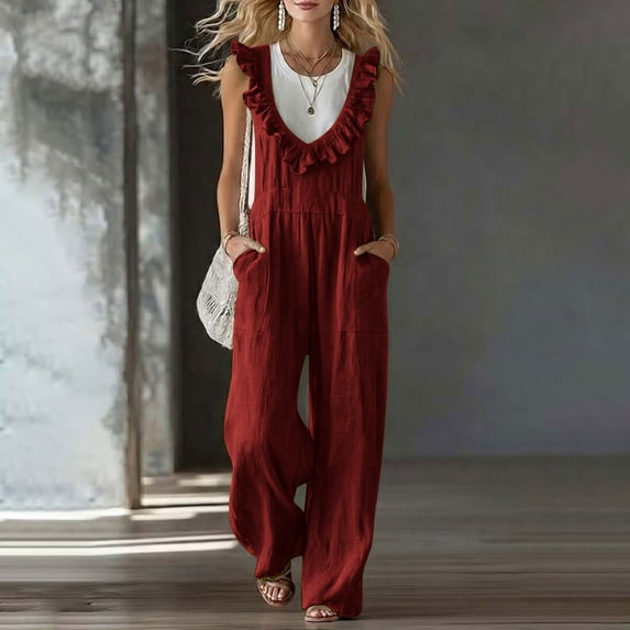 VBVC Women's Ruffle Trim Wide Leg Overalls , Summer Casual Loose Linen Jumpsuit For Women , Ladies' Sleeveless Pinafore Romper with Pockets, Wine , S-2XL