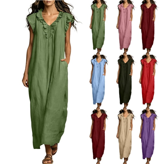 VBVC Women's Ruffle V Neck Maxi Dress , Casual Summer Beach Dress For Women , Ladies' Flutter Sleeve Loose Long Dress with Pockets,Light Blue,S-2XL