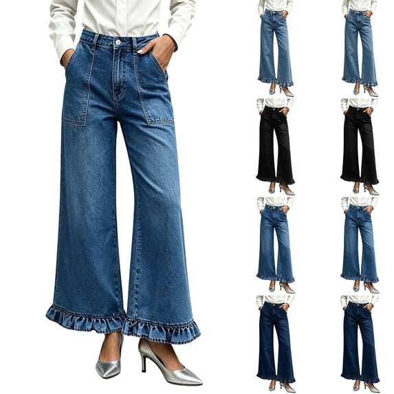 VBVC Women's Ruffled Hem Wide Leg Jeans , Casual High Waisted Denim Pants For Women, Ladies' Loose Fit Washed Trousers with Pockets, Light Blue , S-2XL