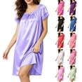 thumbnail image 1 of VBVC Women's Satin Lace Trim Short Sleeve Nightgown , Ladies' Ruffled Crew Neck Bow Loose Pajama Dress , Silky Casual Sleepwear Loungewear For Women,Beige,Free Size, 1 of 8
