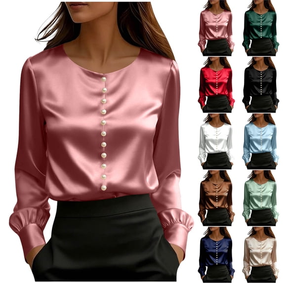 VBVC Women's Satin Long Sleeve Blouse,Ladies Crew Neck Pearl Trim Work Shirt,Elegant Silk-Like Office Top for Women,Brown,S-2XL
