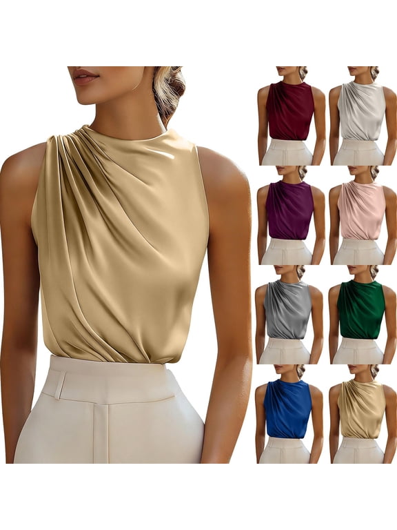 Women's Satin Ruched Sleeveless Blouse , Ladies' Mock Neck Draped Tank Top , Elegant Workwear Top For Women,Beige,S-2XL