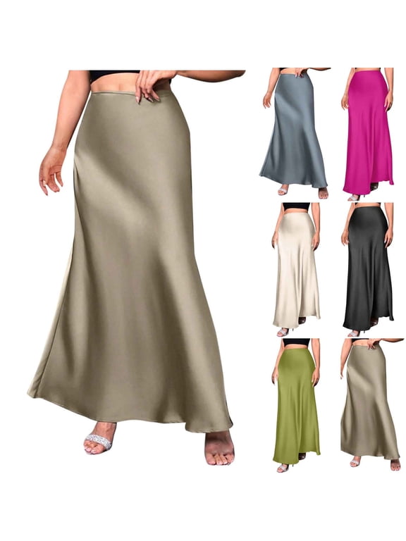 Women's Satin Stretchy Pencil Skirt,Ladies Flowy Bodycon Long Skirt,Business Office Skirt For Women,Coffee,XS-XL