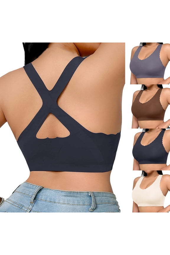 Women's Seamless Racerback Wireless Bra,Ladies' Scalloped Edge Comfort Bralette,Cross Back Support Sports Bra For Women,Black,XL-4XL