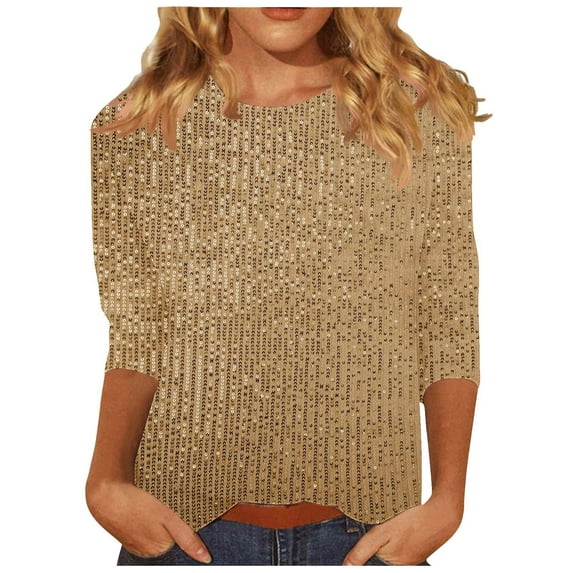 VBVC Women's Sequin Crew Neck Top,Laides Sparkly 3/4 Sleeve Shirt,Glitter Party Blouse For Women,Gold,Size L