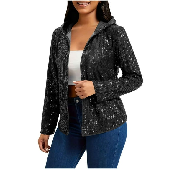 VBVC Women's Sequin Hooded Jacket,Ladies Glitter Zip-Up Coat,Sparkly Party Outerwear For Women,Black,Size L