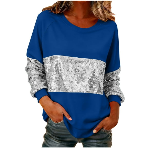 VBVC Women's Sequin Sweatshirt,Ladies Crew Neck T-Shirt,Dressy Sequin Formal Top For Women,Blue,Size M