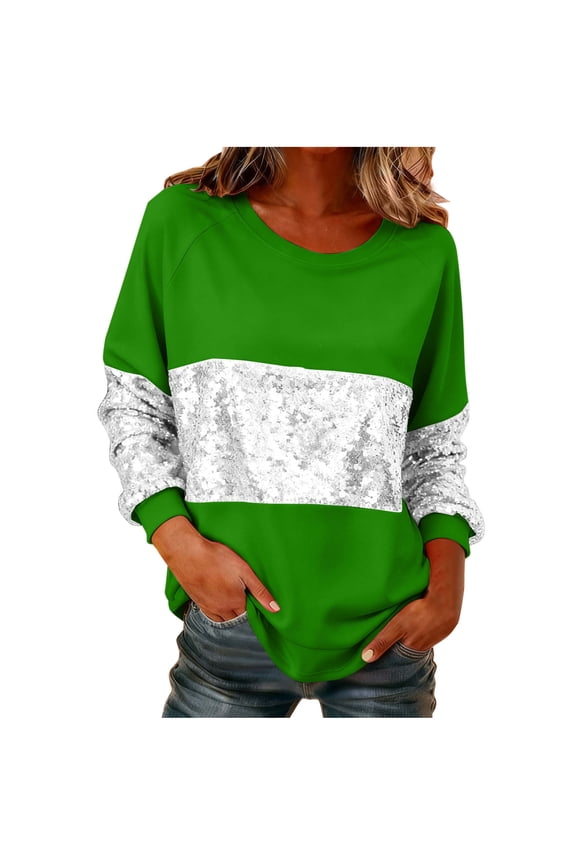 Women's Sequin Sweatshirt,Ladies Crew Neck T-Shirt,Dressy Sequin Formal Top For Women,Green,Size XXL