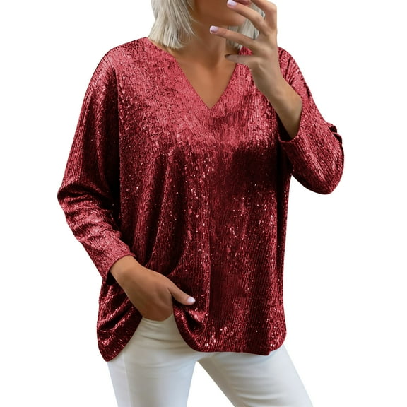 VBVC Women's Sequin V-Neck Sweatshirts,Ladies Lightweight Dressy Blouses,Glitter Tunic Tops For Women,Wine,Size M
