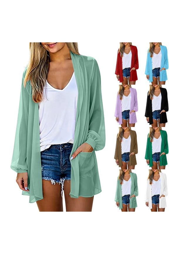 Women's Sheer Chiffon Cardigan, Open Front Long Sleeve Coat For Women, Ladies' Lightweight Cover Up with Pockets,Army Green,S-2XL