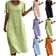 thumbnail image 1 of VBVC Women's Short Sleeve Cotton Linen Midi Dress , Summer Tie Sleeve Dresses For Women,Ladies' Crew Neck Loose Dress with Pockets,Black,S-3XL, 1 of 8