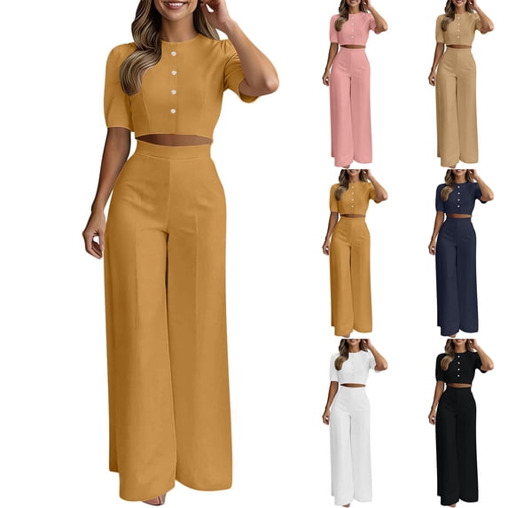 VBVC Women's Short Sleeve Crop Top 2 Piece Outfit , Formal Wide Leg Pant Set For Women , Ladies' High Waist Party Tracksuit with Pockets,White,S-3XL
