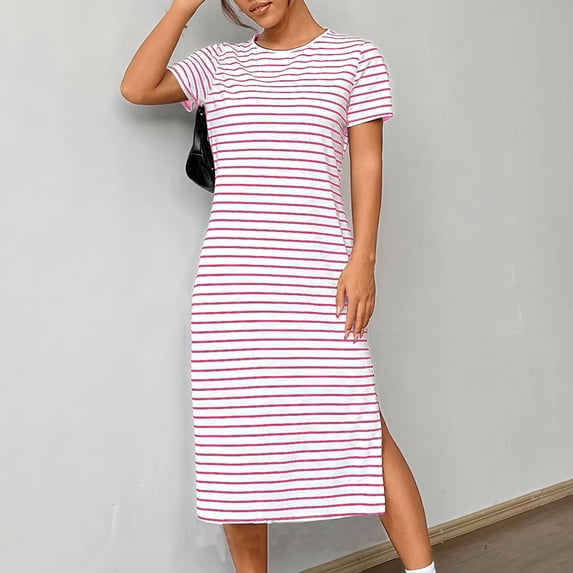 VBVC Women's Short Sleeve Striped Midi Dress , Ladies' Stretchy Crewneck Side Slit Long T-Shirt Dress , Relaxed Fit Summer Basic Tunic Dress For Women, S-3XL