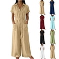 thumbnail image 1 of VBVC Women's Short Sleeve Wide Leg Jumpsuit , Belted Button Down Romper For Women , Ladies' Casual Shirt Style One Piece Outfit with Pockets,Khaki,S-2XL, 1 of 7