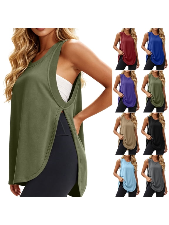 Women's Side Split Workout Tank Top , Ladies' Layered Sleeveless Athletic Shirt , Summer Yoga Running Flowy Tops For Women,Army Green,S-2XL