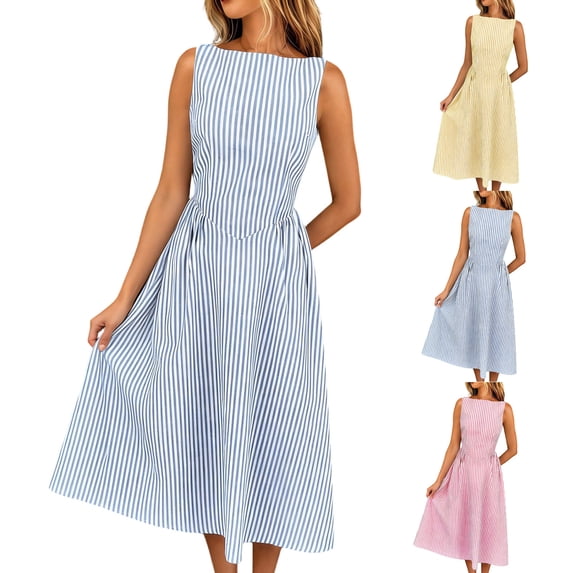 VBVC Women's Sleeveless Boat Neck Striped Dress,Ladies High Waist A-Line Pleated Midi Dress,Summer Wedding Guest Daily Wear For Women,Sky Blue,S-2XL