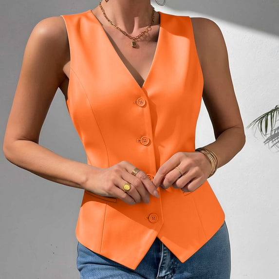 VBVC Women's Sleeveless Button Down Vest, Ladies' Casual Business Blazer Waistcoat, Fitted V Neck Dressy Suit Vest For Women, Orange , XXS-XL