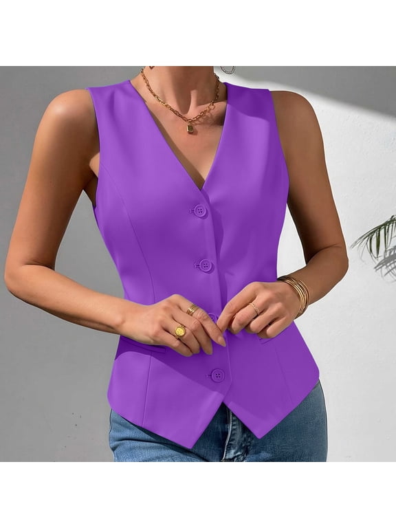Women's Sleeveless Button Down Vest, Ladies' Casual Business Blazer Waistcoat, Fitted V Neck Dressy Suit Vest For Women, Purple , XXS-XL