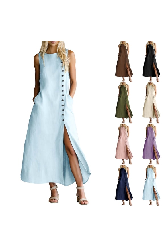 Women's Sleeveless Cotton-Linen Maxi Dress,Button Decor Split Side Flowy Dress For Women,Ladies Summer Party Going Out Shirt Dress with Pockets,Pink,S-2XL