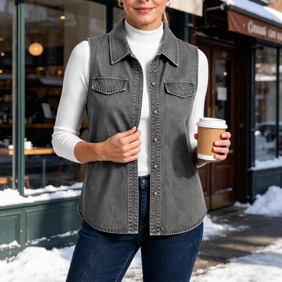 VBVC Women's Sleeveless Curved Hem Denim Vest , Button Down Jean Vest For Women, S-2XL