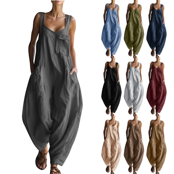 VBVC Women's Sleeveless Loose Jumpsuit , Breathable Baggy Harem Overalls For Women , Ladies' Casual Loungewear Romper with Pockets,Blue,S-2XL