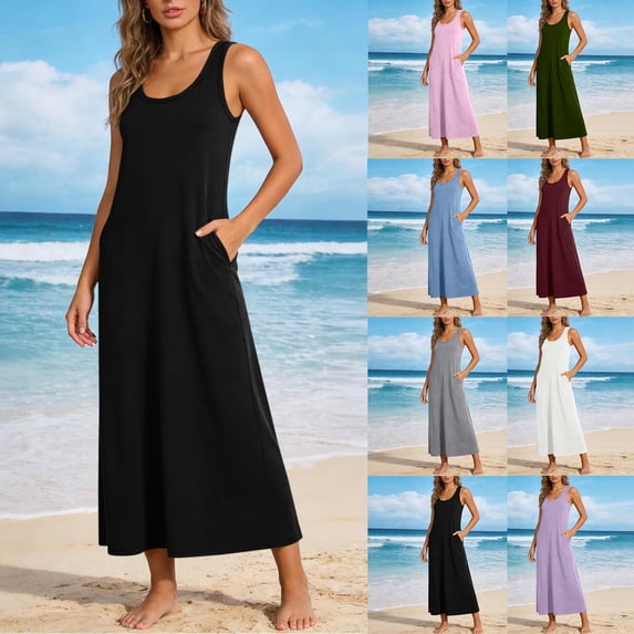 VBVC Women's Sleeveless Stretchy Maxi Dress,Summer Tank Dress for Women,Ladies Slim Breathable Dress with Pockets,Black,S-2XL