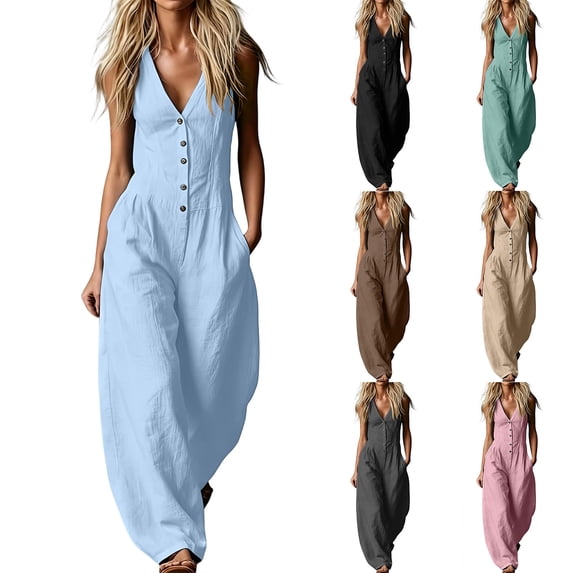 VBVC Women's Sleeveless V Neck Wide Leg Jumpsuit , Casual Loose Summer Long Romper For Women , Ladies' Button Down One Piece Outfit with Pockets , Green , S-2XL