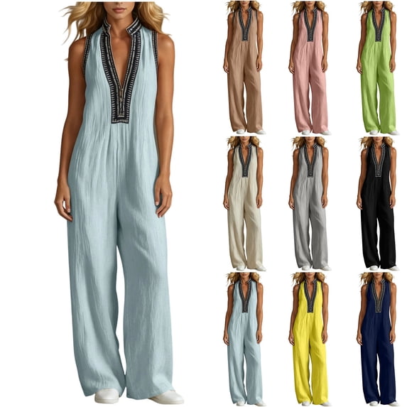 VBVC Women's Sleeveless V-Neck Wide Leg Jumpsuit, Summer Zipper Palazzo Pants For Women, Ladies' Stand Collar Boho One Piece Outfit with Pockets,Yellow,S-2XL