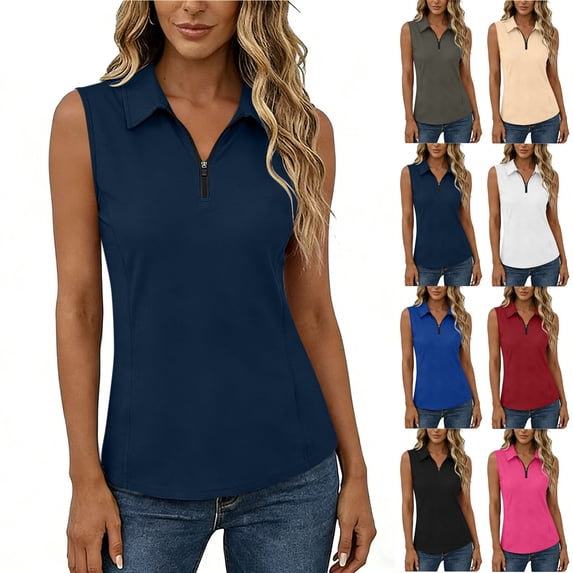 VBVC Women's Sleeveless Zip Up Shirts,Ladies Casual Collared Quick Dry Golf Tops,Slim Fit Summer Workout Daily Wear Blouse For Women,Blue,S-2XL