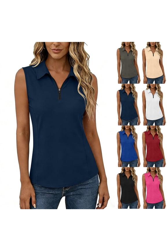 Women's Sleeveless Zip Up Shirts,Ladies Casual Collared Quick Dry Golf Tops,Slim Fit Summer Workout Daily Wear Blouse For Women,Blue,S-2XL