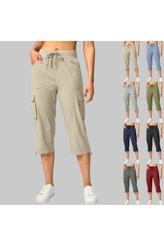 Women's Slimming Capri Cargo Pants,Ladies Lightweight Cropped Trousers with Pockets,Summer Drawstring Bottoms For Women,Red,S-2XL