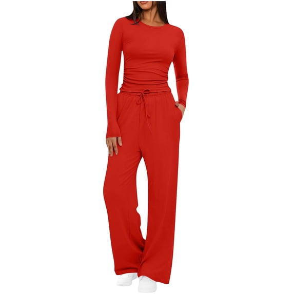 VBVC Women's Slimming Long Sleeve 2 Piece Sets,Womens Warm Crewneck Fall Outfits,Wide Leg Drawstring Tracksuit For Ladies,Red,Size L