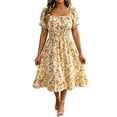 thumbnail image 1 of VBVC Women's Smocked Square Neck Floral Midi Dress , Ladies' Short Puff Sleeve A-Line Dress , Summer Ruffle Hem Swing Dress For Women, S-5XL, 1 of 6