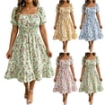 thumbnail image 1 of VBVC Women's Smocked Square Neck Floral Midi Dress , Ladies' Short Puff Sleeve A-Line Dress , Summer Ruffle Hem Swing Dress For Women, S-5XL, 1 of 7