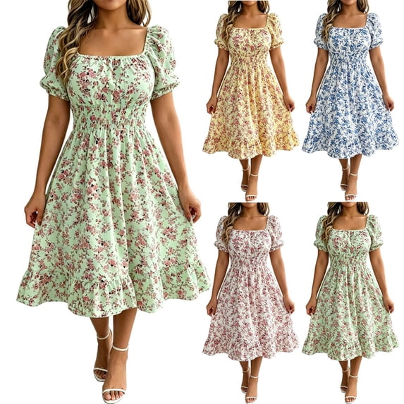 VBVC Women's Smocked Square Neck Floral Midi Dress , Ladies' Short Puff Sleeve A-Line Dress , Summer Ruffle Hem Swing Dress For Women, S-5XL