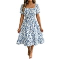 thumbnail image 1 of VBVC Women's Smocked Square Neck Floral Midi Dress , Ladies' Short Puff Sleeve A-Line Dress , Summer Ruffle Hem Swing Dress For Women, S-5XL, 1 of 6