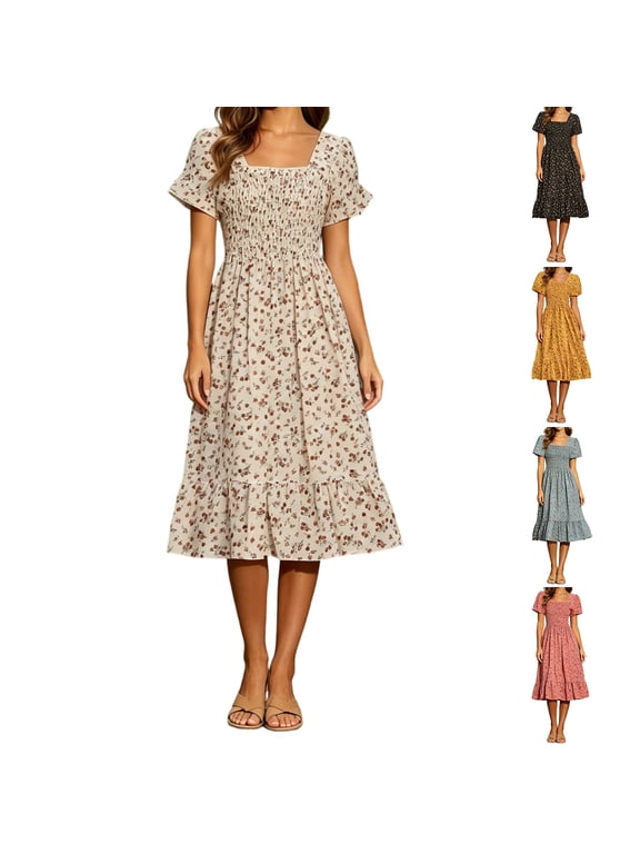 Women's Smocked Square Neck Floral Midi Dress , Ladies' Short Puff Sleeve Tiered Dress , Summer Casual A-Line Dress For Women, M-4XL