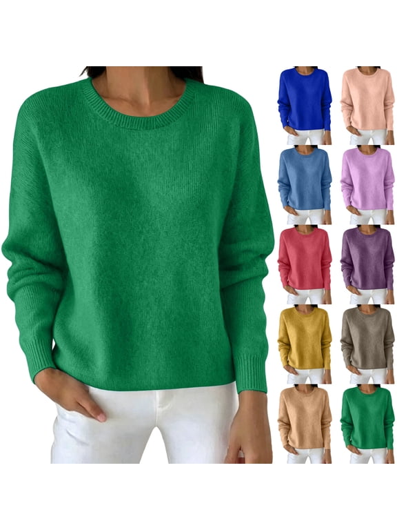 Women's Soft Knit Crewneck Sweater , Casual Long Sleeve Pullover For Women , Ladies' Lightweight Fall Winter Top, Blue , S-XL