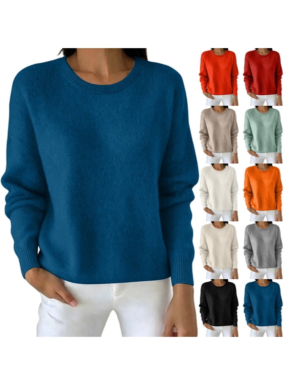 Women's Soft Knit Crewneck Sweater , Casual Long Sleeve Pullover For Women , Ladies' Lightweight Fall Winter Top, Blue , S-XL