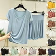 thumbnail image 1 of VBVC Women's Soft Modal Loungewear Set,Ladies U-Neck Short Sleeve Tee,High Waist Ruffle Shorts Pajamas For Women,Khaki,M-2XL, 1 of 6