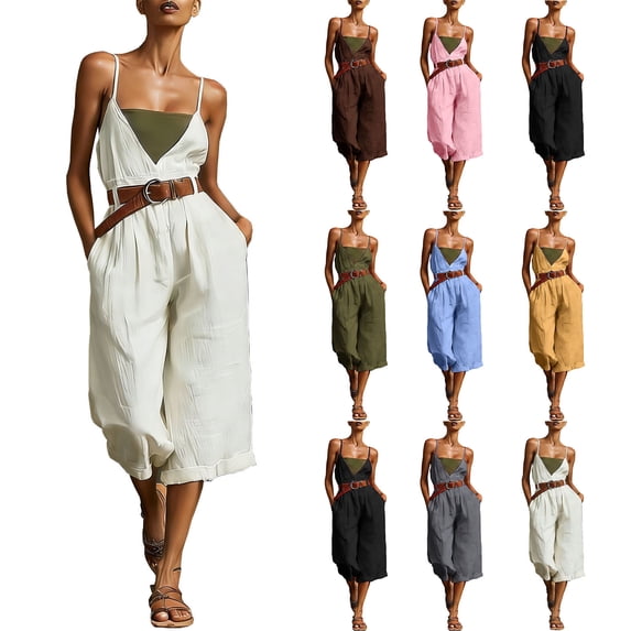 VBVC Women's Spaghetti Strap Cotton-Linen Jumpsuit,V-Neck Wide Leg Romper For Women,Ladies Baggy Sleeveless Outfit Set with Pockets,Coffee,S-3XL