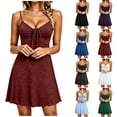 thumbnail image 1 of VBVC Women's Spaghetti Strap Swing Sundress , Ladies' Deep V Neck Ruched Front Tie Mini Dress , Casual Summer A-Line Short Dresses For Women,Blue,S-2XL, 1 of 7