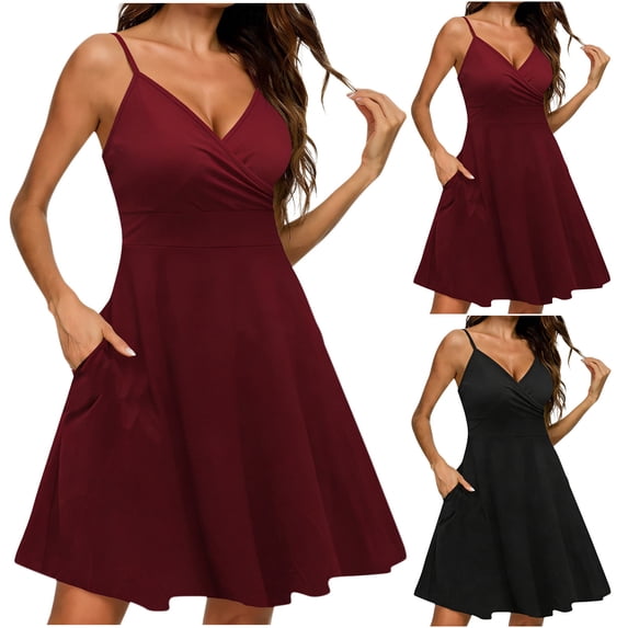 VBVC Women's Spaghetti Strap V-Neck Floral Dress , Summer Casual Dresses For Women,Ladies' Wrap Waist A Line Mini Dress with Pockets,Wine,S-2XL
