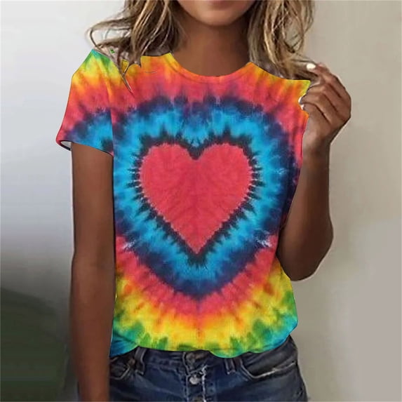 VBVC Women's Spiral Tie Dye Short Sleeve T-Shirt , Ladies' Casual Crewneck Graphic Tee , Boho Tie Dye Tops For Women,Red,S-2XL
