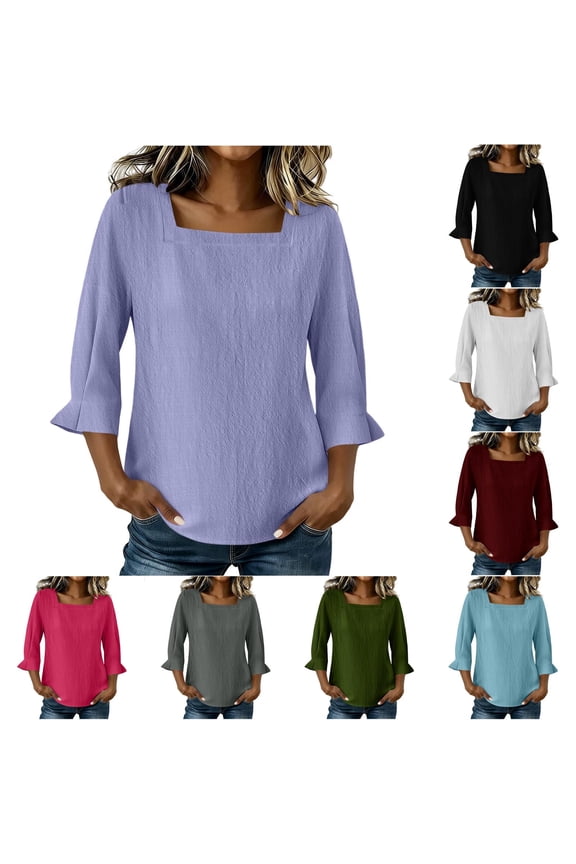 Women's Square Neck 3/4 Flare Sleeve Blouse, Ladies' Casual Loose Fit Crinkle Top, Solid Color Summer Lightweight Tunic For Women,Black,S-2XL
