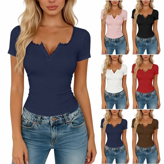 VBVC Women's Square Neck Henley T-Shirts,Ladies Short Sleeve Crop Tops,Going Out Basic Tees For Women,Red,S-3XL